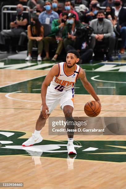 Cameron Payne of the Phoenix Suns handles the ball against the Milwaukee Bucks during Game Three of the 2021 NBA Finals on July 11, 2021 at Fiserv...