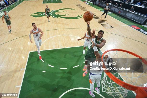 Thanasis Antetokounmpo of the Milwaukee Bucks shoots the ball against the Phoenix Suns during Game Three of the 2021 NBA Finals on July 11, 2021 at...