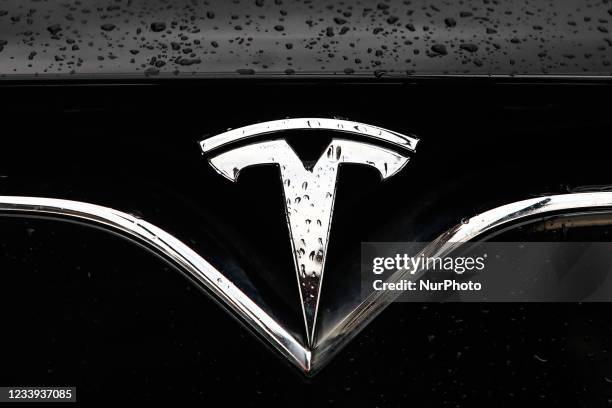 Tesla logo is seen on the car in Krakow, Poland on July 9, 2021.