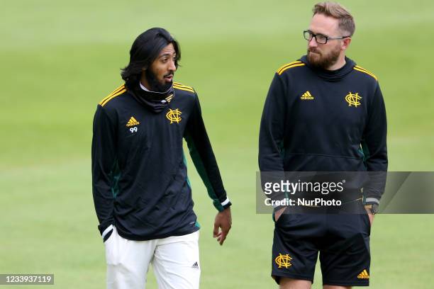Nottinghamshire's Haseeb Hameed and Ben Compton during the LV= County Championship match between Durham County Cricket Club and Nottinghamshire at...