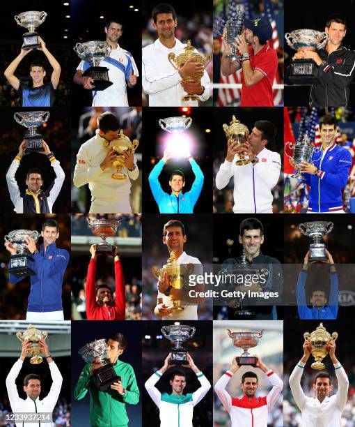 In this composite image , Novak Djokovic holds the trophy for each of his twenty men's singles grand slam titles from the first, the Australian Open...