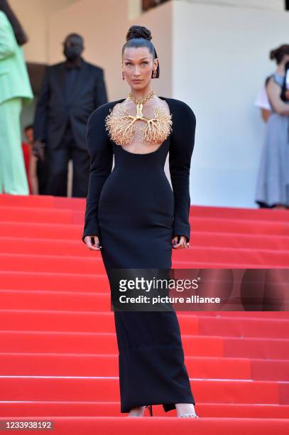 July 2021, France, Cannes: Model Bella Hadid attends the screening of the film "Tre Piani" during the 74th Annual Cannes Film Festival at Palais des...
