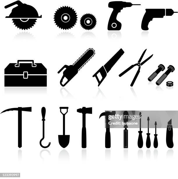 hardware tools black and white royalty free vector icon set - chainsaw stock illustrations