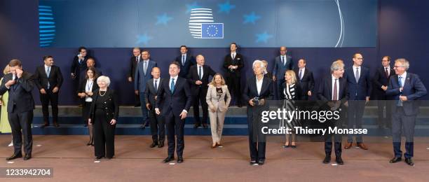 Finance Ministers pose for a family photo during an inclusive Eurogroup Ministers meeting in the Europa building on July 12, 2021 in Brussels,...