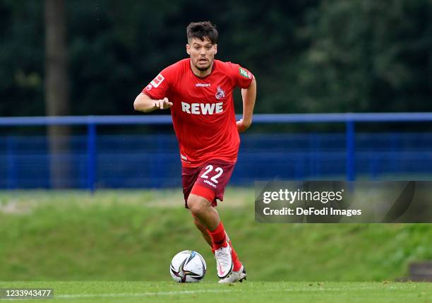 Jorge Mere of 1. FC Koeln controls the ball during the Pre-Season Friendly match between MSV Duisburg and 1. FC Koeln on July 10, 2021 in Duisburg,...