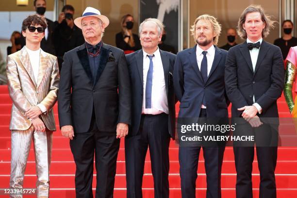 French-Us actor Timothee Chalamet, Us actor Bill Murray, French actor Hippolyte Girardot, US actor Owen Wilson and US director Wes Anderson pose as...