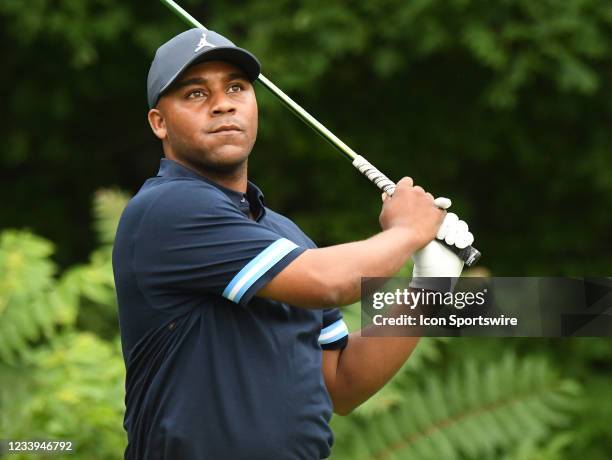 Harold Varner III watches his ball after teeing off on the hole during the first round of the John Deere Classic on July 08 at TPC Deere Run, Silvis,...