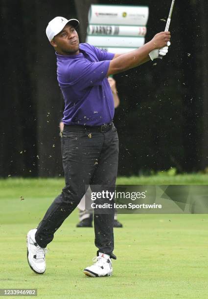 Harold Varner III hits his second shot on the fairway during the final round of the John Deere Classic on July 11 at TPC Deere Run, Silvis, IL. ,