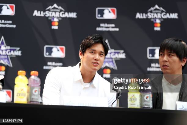 Shohei Ohtani of the Los Angeles Angels is seen during the 2021 All-Star Press Conference at McGregor Square on Monday, July 12, 2021 in Denver,...