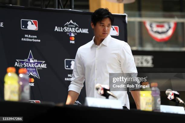 Shohei Ohtani of the Los Angeles Angels is seen during the 2021 All-Star Press Conference at McGregor Square on Monday, July 12, 2021 in Denver,...