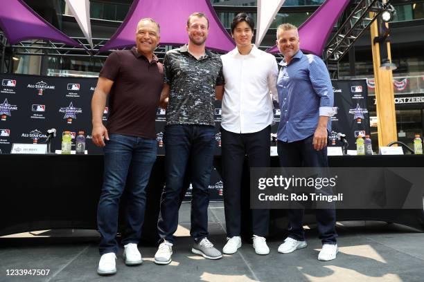 Manager Dave Roberts of the Los Angeles Dodgers, Max Scherzer of the Washington Nationals, Shohei Ohtani of the Los Angeles Angels and Manager Kevin...