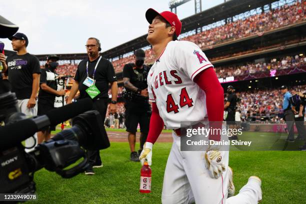 Shohei Ohtani of the Los Angeles Angels pauses during the 2021 T-Mobile Home Run Derby at Coors Field on Monday, July 12, 2021 in Denver, Colorado.