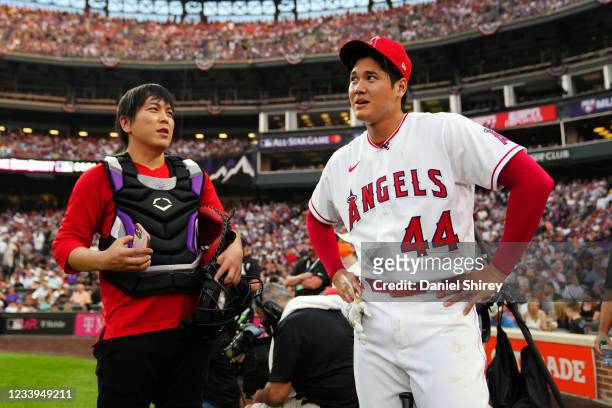 Shohei Ohtani of the Los Angeles Angels rests during the 2021 T-Mobile Home Run Derby at Coors Field on Monday, July 12, 2021 in Denver, Colorado.