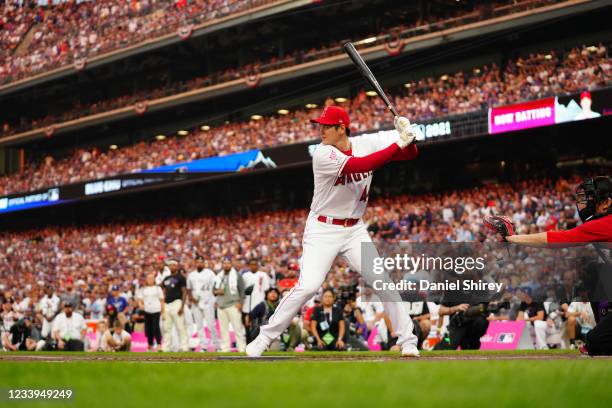 Shohei Ohtani of the Los Angeles Angels bats during the 2021 T-Mobile Home Run Derby at Coors Field on Monday, July 12, 2021 in Denver, Colorado.