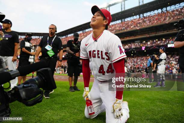 Shohei Ohtani of the Los Angeles Angels pauses during the 2021 T-Mobile Home Run Derby at Coors Field on Monday, July 12, 2021 in Denver, Colorado.