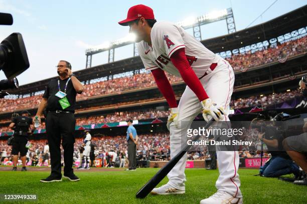Shohei Ohtani of the Los Angeles Angels pauses during the 2021 T-Mobile Home Run Derby at Coors Field on Monday, July 12, 2021 in Denver, Colorado.