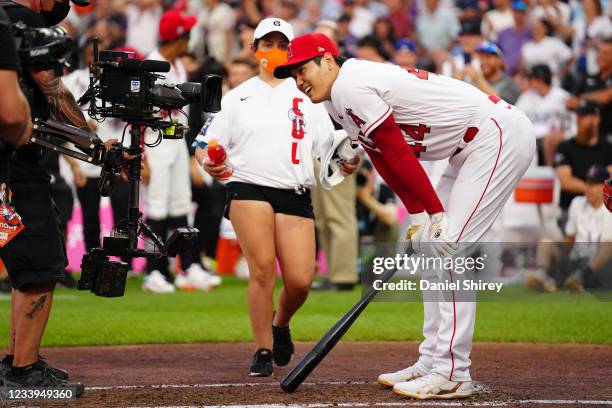 Shohei Ohtani of the Los Angeles Angels pauses during the 2021 T-Mobile Home Run Derby at Coors Field on Monday, July 12, 2021 in Denver, Colorado.