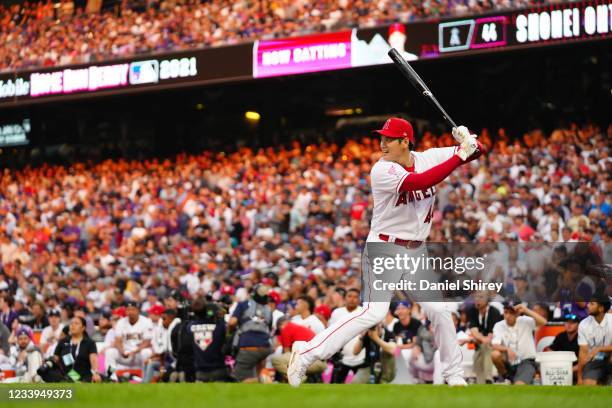 Shohei Ohtani of the Los Angeles Angels bats during the 2021 T-Mobile Home Run Derby at Coors Field on Monday, July 12, 2021 in Denver, Colorado.