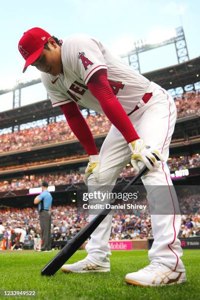 Shohei Ohtani of the Los Angeles Angels pauses during the 2021 T-Mobile Home Run Derby at Coors Field on Monday, July 12, 2021 in Denver, Colorado.