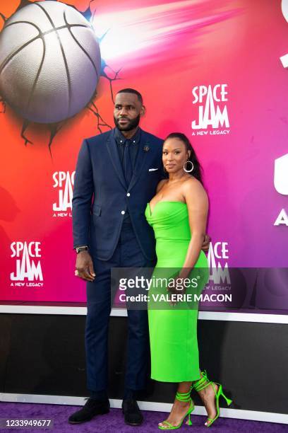 Basketball player/actor LeBron James and wife Savannah Brinson arrive at the Warner Bros Pictures world premiere of "Space Jam: A New Legacy" at the...