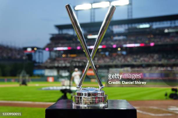 The trophy for the winner of the T-Mobile Home Run Derby is seen during the 2021 T-Mobile Home Run Derby at Coors Field on Monday, July 12, 2021 in...