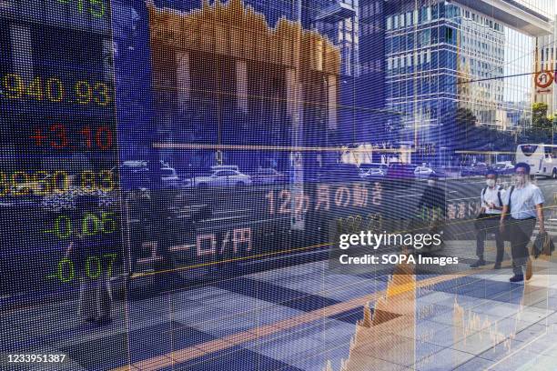 Electronic board showing Japan's Nikkei 225 index and other indexes at a securities firm in Tokyo reflects pedestrians standing at a cross road.
