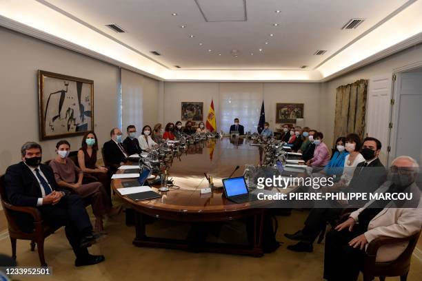 Spanish Prime Minister Pedro Sanchez presides the weekly Cabinet meeting at the Moncloa Palace in Madrid, on July, 13 2021. - Spanish Prime Minister...