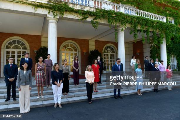 Spanish Prime Minister, Pedro Sanchez poses for a family photo with his Cabinet at Moncloa Palace before the weekly Cabinet meeting in Madrid, on...