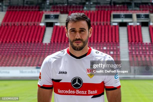 Hamadi Al Ghaddioui of VfB Stuttgart Looks on of VfB Stuttgart poses during the team presentation on July 12, 2021 in Stuttgart, Germany.