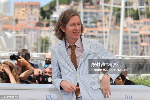 Us director Wes Anderson poses during a photocall for the film "The French Dispatch" at the 74th edition of the Cannes Film Festival in Cannes,...