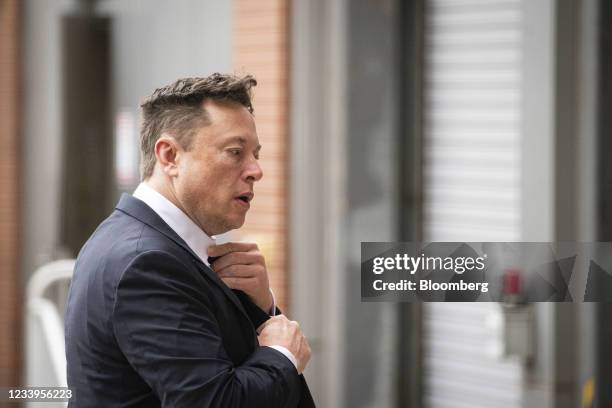 Elon Musk, chief executive officer of Tesla Inc., arrives at court during the SolarCity trial in Wilmington, Delaware, U.S., on Tuesday, July 13,...