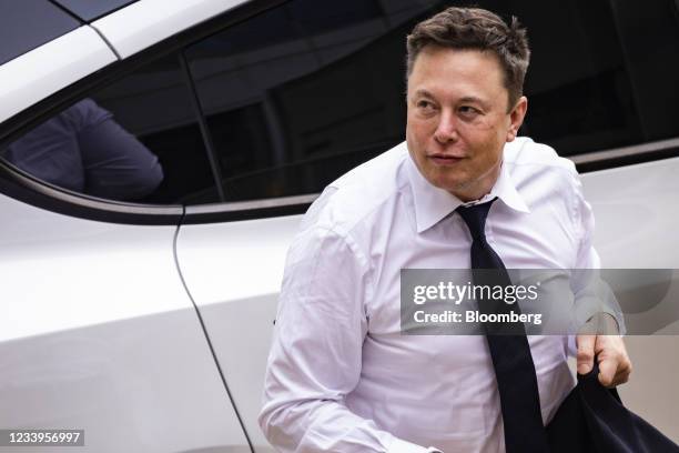 Elon Musk, chief executive officer of Tesla Inc., arrives at court during the SolarCity trial in Wilmington, Delaware, U.S., on Tuesday, July 13,...