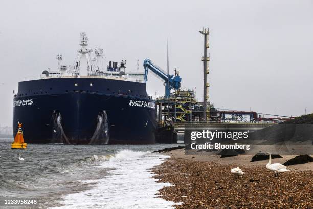 The liquid natural gas carrier Rudolf Samoylovich delivers and bunkers gas at the Port of Rotterdam in Rotterdam, Netherlands, on Tuesday, July 13,...