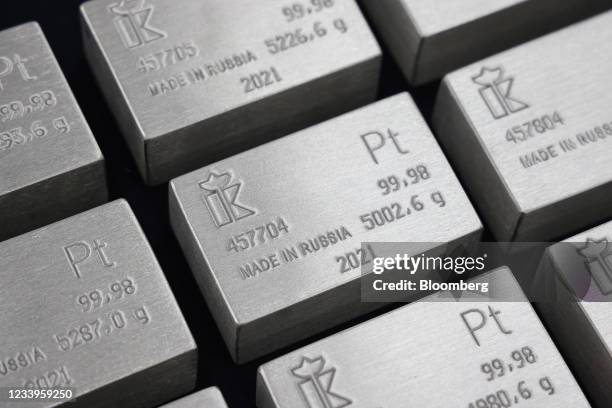 Made in Russia" engraving on platinum ingots at the JSC Krastsvetmet non-ferrous metals plant in Krasnoyarsk, Russia, on Monday, July 12, 2021. Gold...