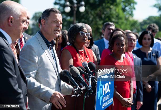 Texas State Representative Rafael Anchia speaks during the Texas House Democrats press conference at the House Triangle outside of the U.S. Capitol...