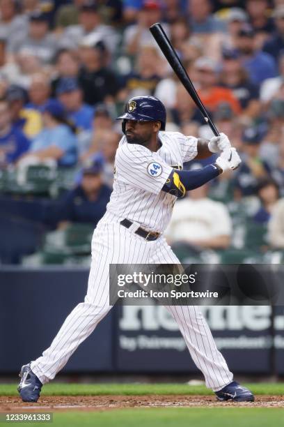 Milwaukee Brewers outfielder Jackie Bradley Jr. Bats during the MLB game against the Cincinnati Reds on July 11, 2021 at American Family Field in...