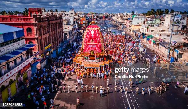 Shree Jagannath temple ditties wooden chariots seen in front of the temple and it is being pull by only the traditional temple servitors on the...