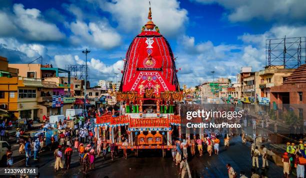 Shree Jagannath temple ditties wooden chariots seen in front of the temple and it is being pull by only the traditional temple servitors on the...