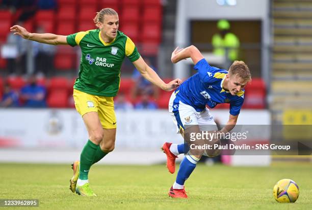 Preston's Brad Potts in action with Ali McCann of St Johnstone during a pre-season friendly between St Johnstone and Preston North End at McDiarmid...