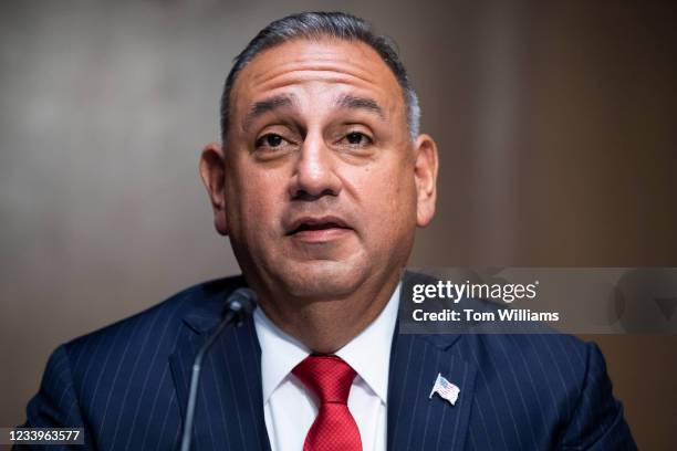 Gilbert Ray Cisneros Jr., nominee to be Defense undersecretary for personnel and readiness, testifies during a Senate Armed Services Committee...