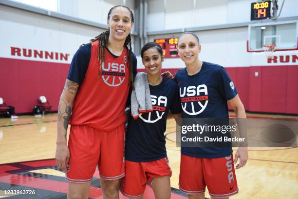 Brittney Griner, Skylar Diggins-Smith and Diana Taurasi of the USA Women's National Team pose for a photo during the 2021 AT&T WNBA All-Star Practice...