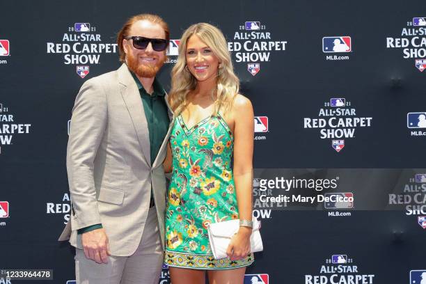 Justin Turner of the Los Angeles Dodgers and his wife Kourtney Elizabeth are seen during the MLB All-Star Red Carpet Show at Downtown Colorado on...