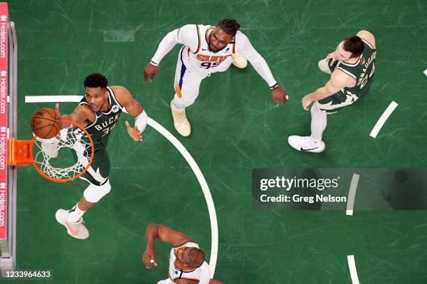 Finals: Aerial view of Milwaukee Bucks Giannis Antetokounmpo in action vs Phoenix Suns at Fiserv Forum. Game 3. Milwaukee, WI 7/11/2021 CREDIT: Greg...