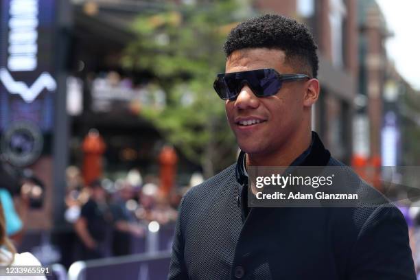 Juan Soto of the Washington Nationals during the MLB All-Star Red Carpet Show at Downtown Colorado on Tuesday, July 13, 2021 in Denver, Colorado.