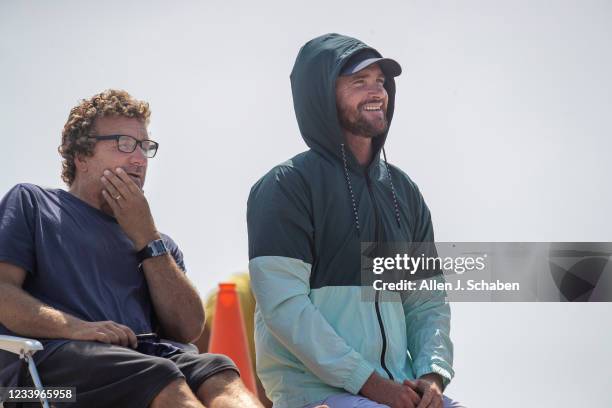 Huntington Beach, CA Dino Andino, left, former pro surfer and Kolohes father, and Brett Simpson, of Huntington Beach, a two-time U.S. Open winner and...