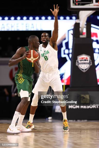 Ekpe Udoh of the Nigeria Men's National Team plays defense against the Australia Men's National Team on July 13, 2021 Michelob ULTRA Arena in Las...