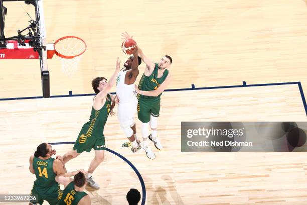 Ekpe Udoh of the Nigeria Men's National Team drives to the basket against the Australia Men's National Team on July 13, 2021 at Michelob ULTRA Arena...