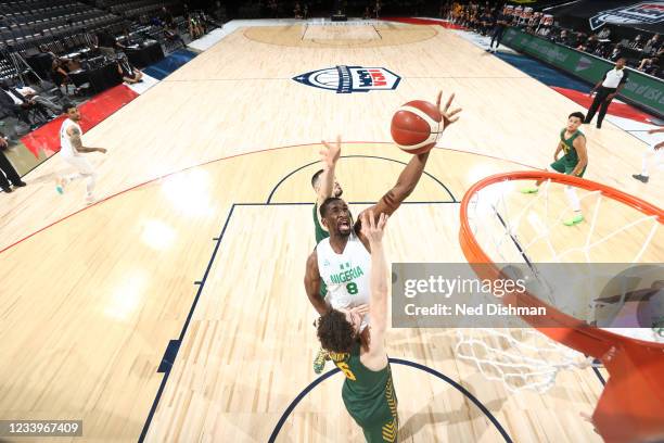 Ekpe Udoh of the Nigeria Men's National Team drives to the basket against the Australia Men's National Team on July 13, 2021 at Michelob ULTRA Arena...