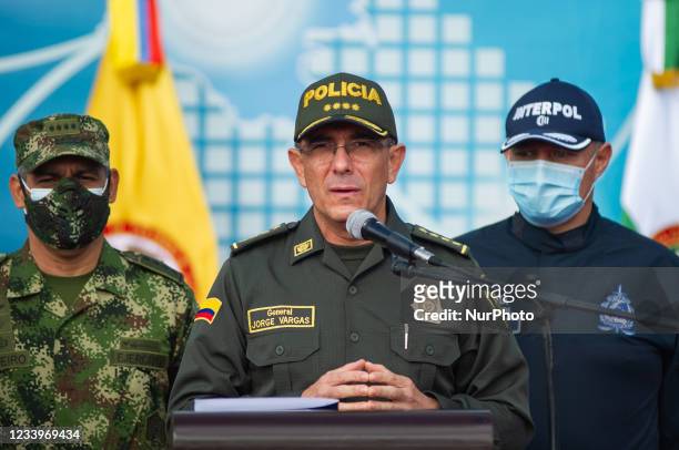 Colombia's Police Major General Jorge Luis Vargas speaks during a press conference were the high rank military and police members Major General of...