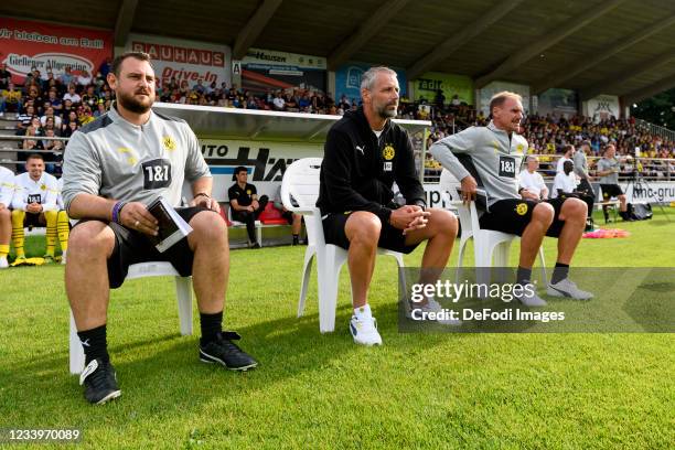 Assistant coach Rene Maric of Borussia Dortmund, head coach Marco Rose of Borussia Dortmund and assistant coach Alexander Zickler of Borussia...